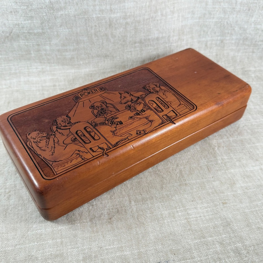 Vintage Wooden Poker Card Box Felt Lined Wilderness Woods Card Case